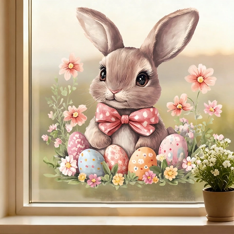 Coniglio Di Pasqua Vetrofanie Statiche PVC Uova Colorate Fiori Decalcomania Rimovibile Decorazione In Vetro