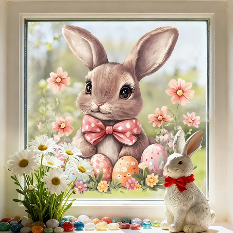 Coniglio Di Pasqua Vetrofanie Statiche PVC Uova Colorate Fiori Decalcomania Rimovibile Decorazione In Vetro