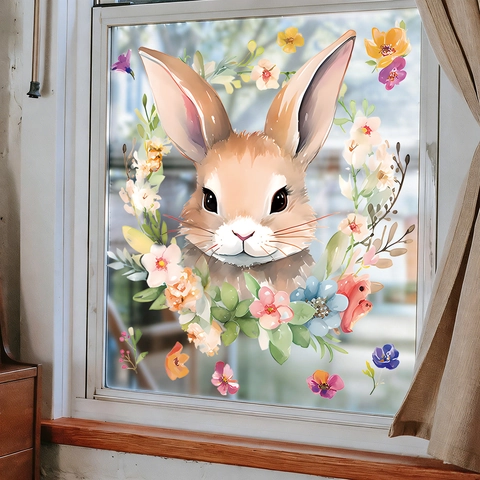 Easter Window Sticker Static PVC Rabbit Floral Wreath Watercolor Style Holiday Home Glass Decoration