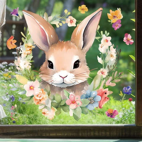 Easter Window Sticker Static PVC Rabbit Floral Wreath Watercolor Style Holiday Home Glass Decoration
