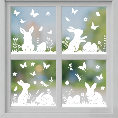 Pegatinas Ventana Pascua Conejo Blanco Estáticas Doble Cara Visibles Primavera Flor Mariposa Huevo Decoración Cristal