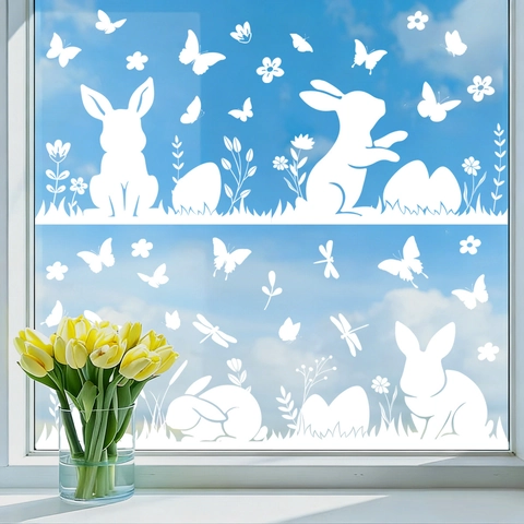 Pegatinas Ventana Pascua Conejo Blanco Estáticas Doble Cara Visibles Primavera Flor Mariposa Huevo Decoración Cristal
