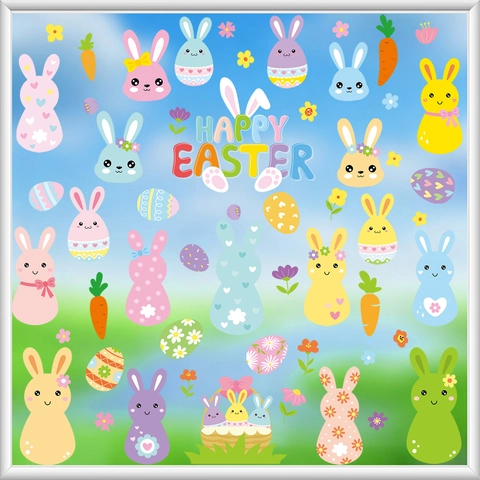 Pegatinas de Ventana de Pascua Conejo Huevo Zanahoria Patrón Doble Cara Película Estática Calcomanías Reutilizables para Vidrio Hogar