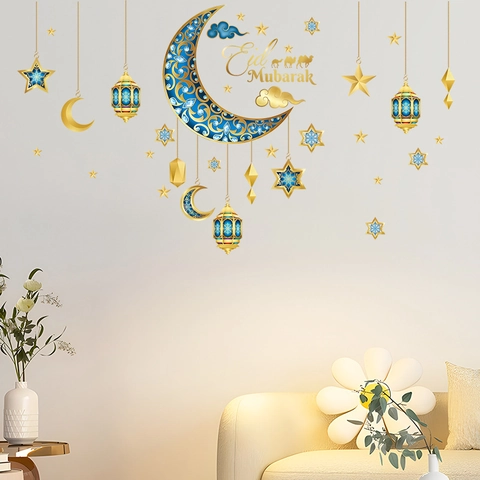 Eid Mubarak Wall Stickers Ramadan Decorations Waterproof Removable PVC Moon Star Lantern Camel Pattern Gold Blue Style