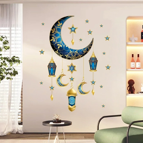 Eid Mubarak Wall Stickers Ramadan Decorations Waterproof Removable PVC Moon Star Lantern Camel Pattern Gold Blue Style