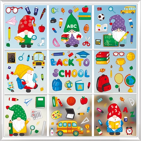 Schulanfang Gnome Statische Fensteraufkleber Doppelseitige PVC Sticker Schulbus Bücher Schreibwaren Klassenzimmer Dekoration Fensterbilder