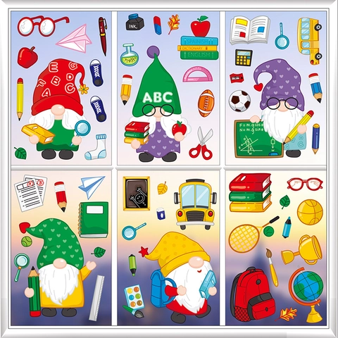 Schulanfang Gnome Statische Fensteraufkleber Doppelseitige PVC Sticker Schulbus Bücher Schreibwaren Klassenzimmer Dekoration Fensterbilder