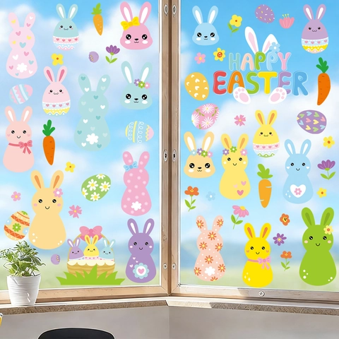 Pegatinas de Ventana de Pascua Conejo Huevo Zanahoria Patrón Doble Cara Película Estática Calcomanías Reutilizables para Vidrio Hogar