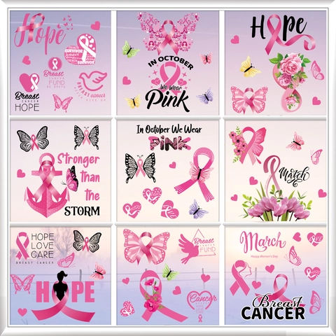 Breast Cancer Awareness Window Clings Pink Ribbon Butterfly Flower Static Stickers For Glass Double Sided Holiday Home Decoration