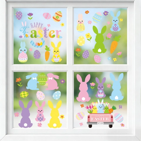 Easter Window Clings Double Sided Bunny Egg Carrot Truck Decals For Glass Holiday Home Party Decoration PVC Static Sticker