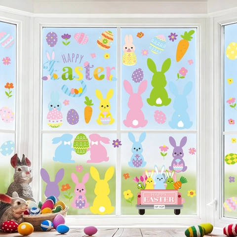 Easter Window Clings Double Sided Bunny Egg Carrot Truck Decals For Glass Holiday Home Party Decoration PVC Static Sticker