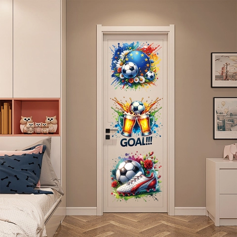 Football Tournament Wall Stickers PVC Adhesive Decorative Door Window Decals For Fans Bedroom Watercolor Splatter Style