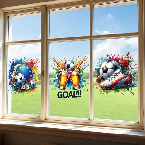 Football Tournament Wall Stickers PVC Adhesive Decorative Door Window Decals For Fans Bedroom Watercolor Splatter Style