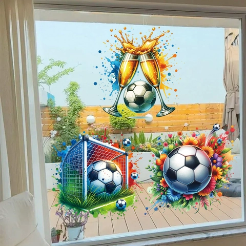 3 Hojas Pegatinas de Ventana de Copa del Mundo de Fútbol PVC Tema Fútbol Champaña Portería Floral Calcomanías Para Fiesta Casa