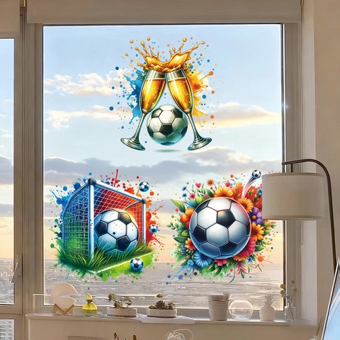 3 Hojas Pegatinas de Ventana de Copa del Mundo de Fútbol PVC Tema Fútbol Champaña Portería Floral Calcomanías Para Fiesta Casa