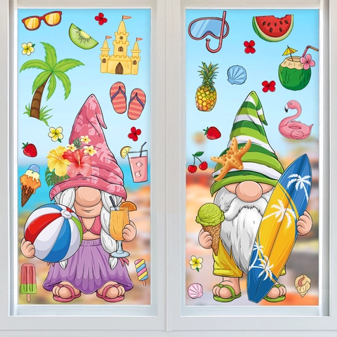 Summer Beach Gnomes Window Clings Static Stickers Colorful PVC Waterproof Glass Decoration Palm Tree Fruit Flamingo