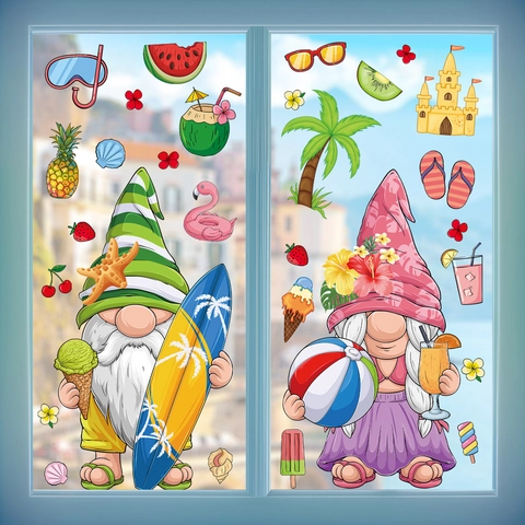Summer Beach Gnomes Window Clings Static Stickers Colorful PVC Waterproof Glass Decoration Palm Tree Fruit Flamingo