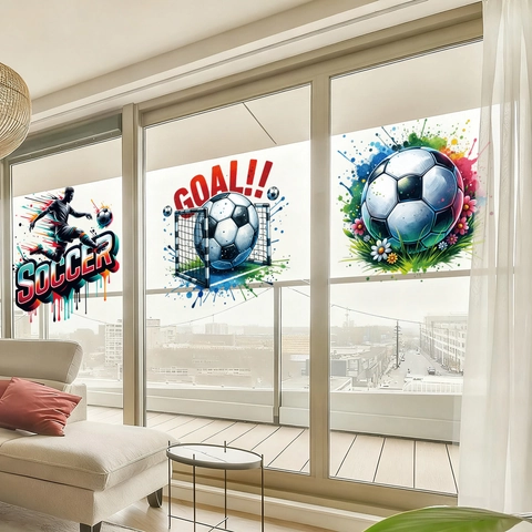 Soccer World Cup Theme Static Window Stickers PVC Watercolor Graffiti Football Player Silhouette Goal Wall Decor For Home Office Fans