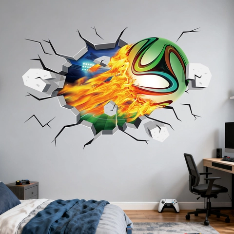 3D Soccer Wall Sticker Flame Football Broken Wall Effect Decal PVC Adhesive Waterproof Removable Sports Room Decor Kids Bedroom