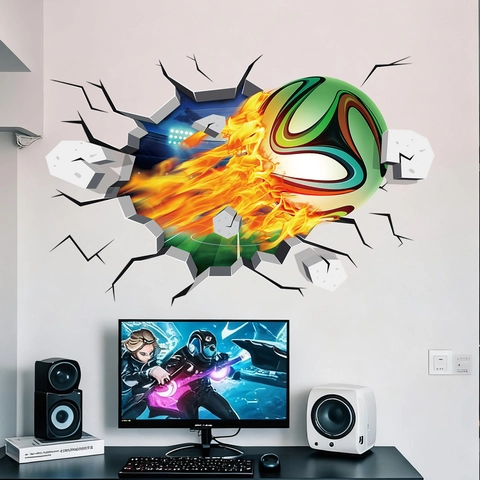 3D Soccer Wall Sticker Flame Football Broken Wall Effect Decal PVC Adhesive Waterproof Removable Sports Room Decor Kids Bedroom