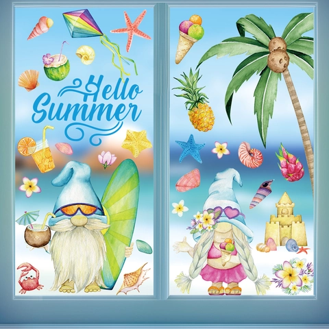 Summer Gnome Window Clings PVC Static Stickers Tropical Beach Decorative Watercolor Holiday Ornaments Home Decor