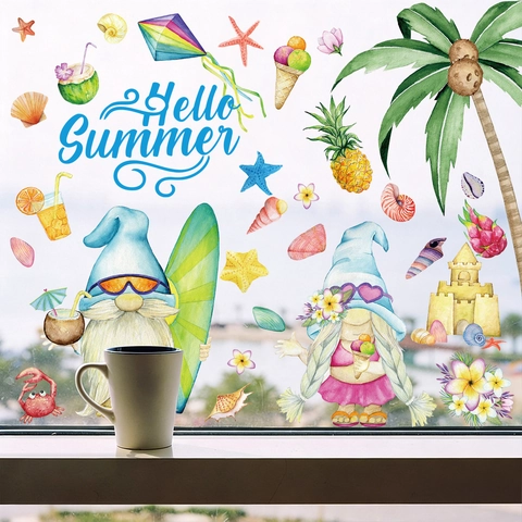 Summer Gnome Window Clings PVC Static Stickers Tropical Beach Decorative Watercolor Holiday Ornaments Home Decor
