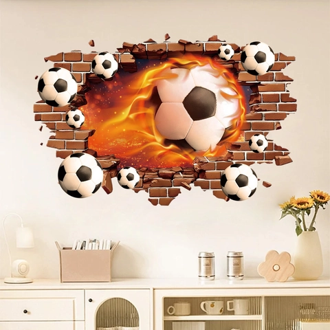 Autocollant Mural Football 3D Flamme De Feu Mur De Briques Visuel PVC Amovible Auto Adhésif Décoration Sportive