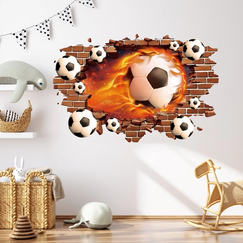 Autocollant Mural Football 3D Flamme De Feu Mur De Briques Visuel PVC Amovible Auto Adhésif Décoration Sportive