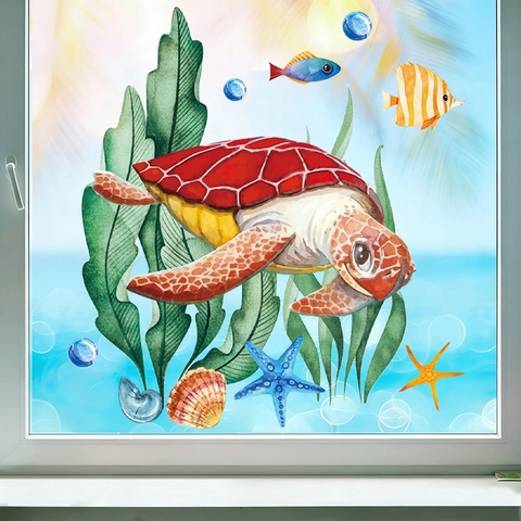 Adesivi Murali Tartaruga Marina Acquerello PVC Impermeabile Animali Oceano Decalcomanie Finestra Per Bagno Decorazione