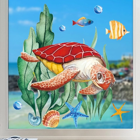 Adesivi Murali Tartaruga Marina Acquerello PVC Impermeabile Animali Oceano Decalcomanie Finestra Per Bagno Decorazione