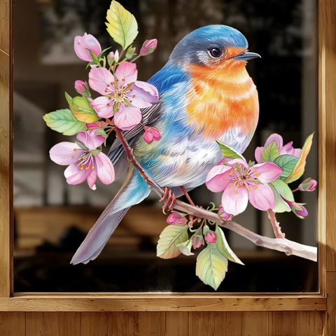 Robin Bird And Flower Window Sticker PVC Waterproof Self Adhesive Wall Decal For Glass Living Room Home Decor Realistic