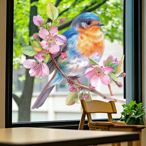 Robin Bird And Flower Window Sticker PVC Waterproof Self Adhesive Wall Decal For Glass Living Room Home Decor Realistic