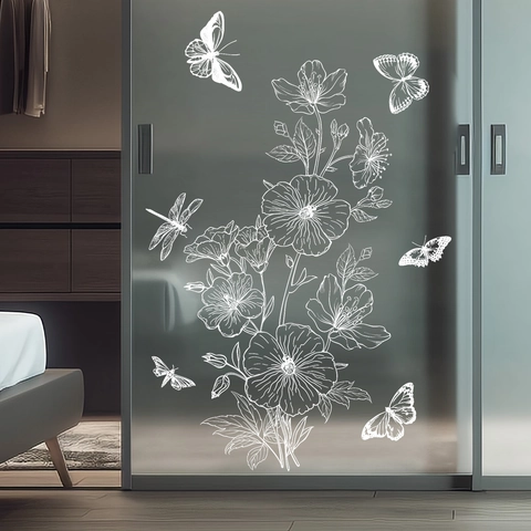Static Cling Window Stickers White Line Art Flower Butterfly Dragonfly Glass Door Decals Removable Decorative Minimalist