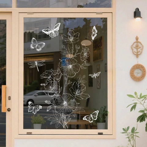Static Cling Window Stickers White Line Art Flower Butterfly Dragonfly Glass Door Decals Removable Decorative Minimalist