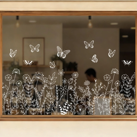 Pegatinas De Ventana De Flores Mariposa Blanca Adhesivo Estático PVC Calcomanías Vidrio Para Decoración Hogar Tienda Elegante Arte