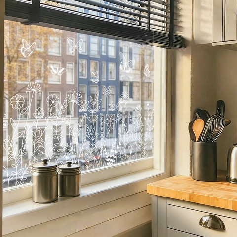 Pegatinas De Ventana De Flores Mariposa Blanca Adhesivo Estático PVC Calcomanías Vidrio Para Decoración Hogar Tienda Elegante Arte