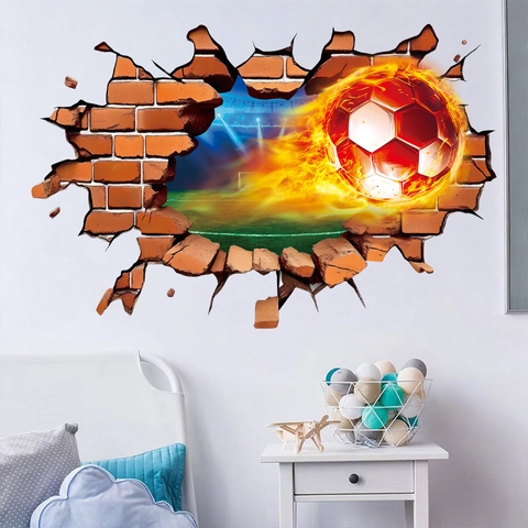 3D Fußball Wandaufkleber PVC Gebrochene Wand Flamme Fußball Aufkleber Für Kinder Jungen Zimmer Sport Thema Wohnkultur Abnehmbar