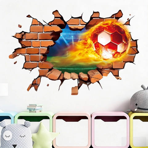 3D Fußball Wandaufkleber PVC Gebrochene Wand Flamme Fußball Aufkleber Für Kinder Jungen Zimmer Sport Thema Wohnkultur Abnehmbar