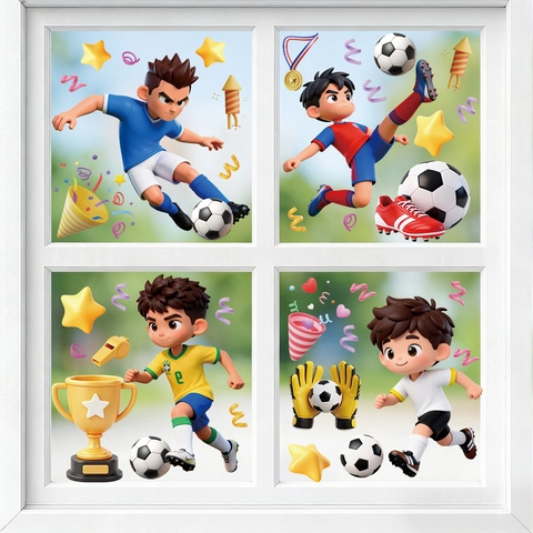 Soccer Football Static Window Clings Double Sided PVC Removable Decals Cartoon Player Trophy Decoration Kids Boys Room Glass