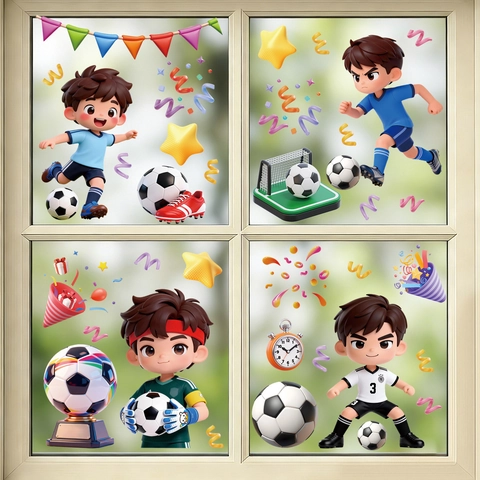 Soccer Football Cartoon Window Stickers Static Cling PVC Double Sided Decals Kids Room Party Decoration Sports Theme