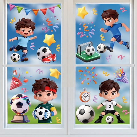 Soccer Football Cartoon Window Stickers Static Cling PVC Double Sided Decals Kids Room Party Decoration Sports Theme