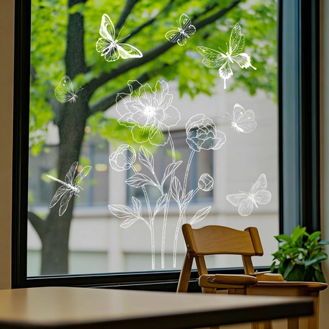 Pegatina Estática Ventana Línea Blanca Mariposa Flor Calcomanía Vidrio PVC Decoración Hogar