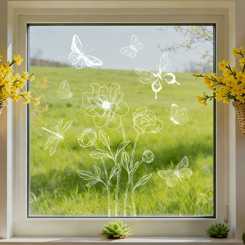 Pegatina Estática Ventana Línea Blanca Mariposa Flor Calcomanía Vidrio PVC Decoración Hogar