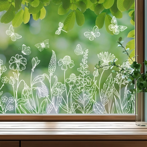 Pegatinas Estáticas Para Ventanas Flores Mariposa Libélula Arte Línea Blanca Calcomanías Vidrio PVC Extraíbles Decoración Hogar