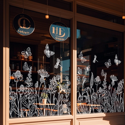 Pegatinas Estáticas Para Ventanas Flores Mariposa Libélula Arte Línea Blanca Calcomanías Vidrio PVC Extraíbles Decoración Hogar