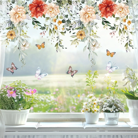 Watercolor Flower Butterfly Wall Stickers PVC Self-Adhesive Window Glass Decals For Home Office Room Decoration Floral
