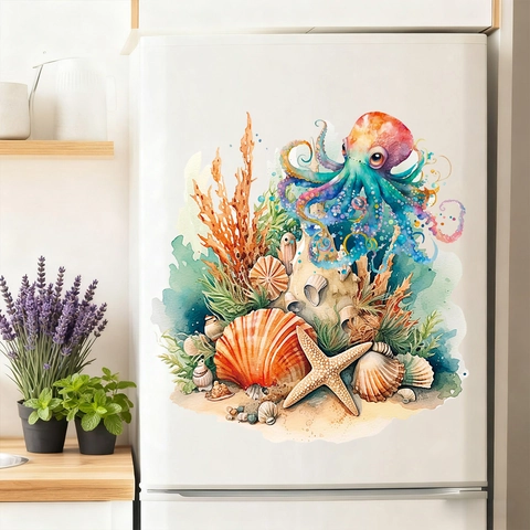 Octopus Shell Starfish Watercolor Ocean Wall Stickers Waterproof PVC Removable Decals For Window Fridge Bathroom Home Decor