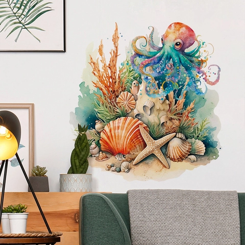 Octopus Shell Starfish Watercolor Ocean Wall Stickers Waterproof PVC Removable Decals For Window Fridge Bathroom Home Decor