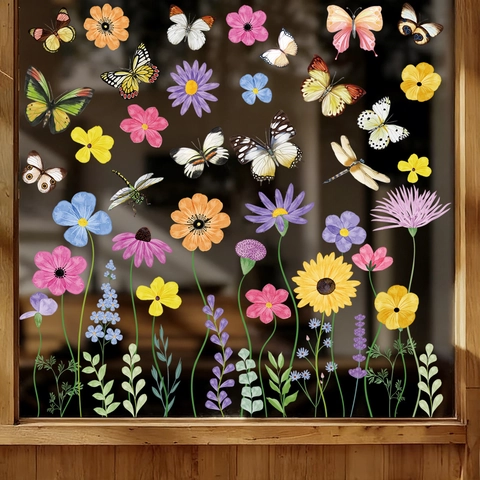 Butterfly Sunflower Window Clings Double Sided Static Stickers Watercolor Floral Glass Decals Removable Home Decoration
