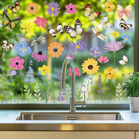 Butterfly Sunflower Window Clings Double Sided Static Stickers Watercolor Floral Glass Decals Removable Home Decoration